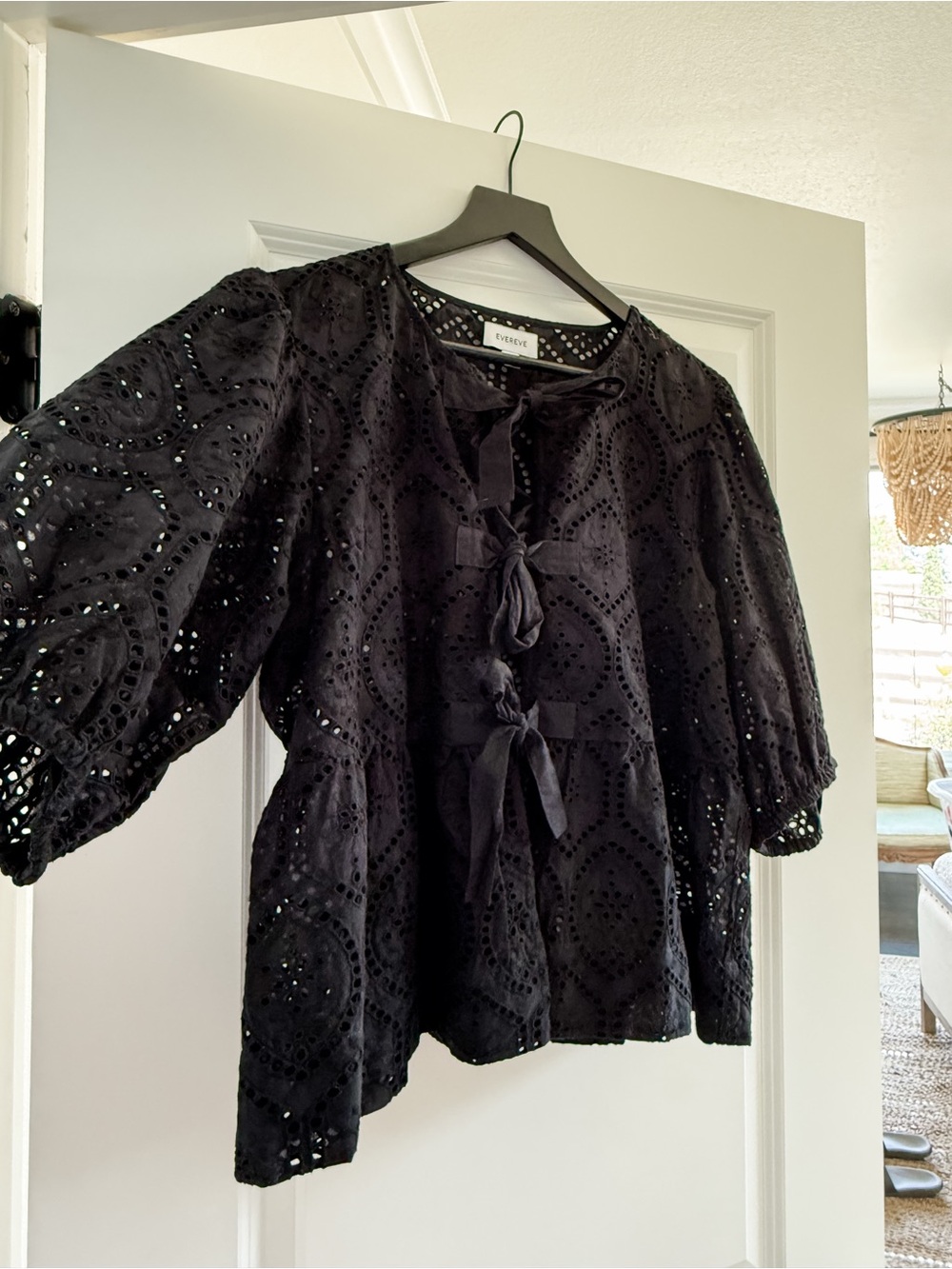 Evereve Black Broderie Tie-Front Peasant Blouse